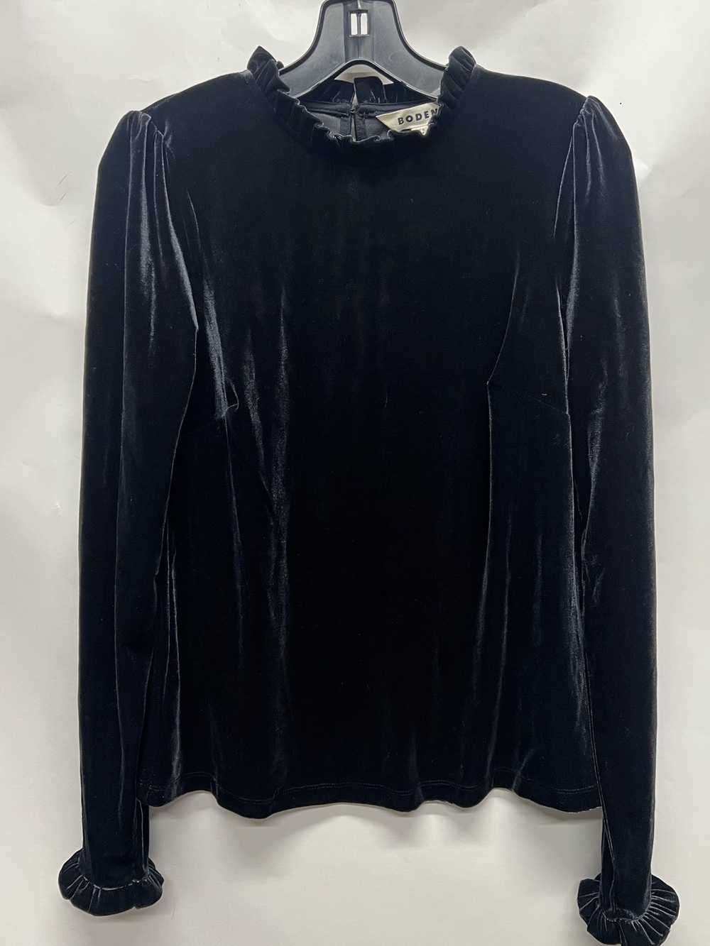 Boden Velvet Frill Ruffle Trim Top Womens Size US 8 Black Long Sleeve